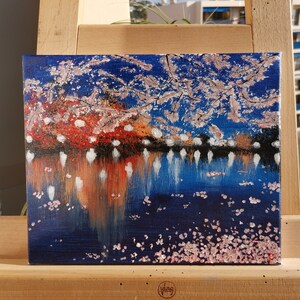 秋の湖と桜 / キャンバスにアクリル絵の具 23.5 x 28.5