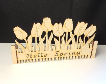 Hello spring stand fence with tulips for window sill from wood for painting