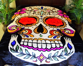 Buy 3 get 4th Free! 5 POUNDS! Super Soft Korean Mink Medium Weight Queen Blanket  Skeleton Colorful Sugar Skull Bones dias de los muertos