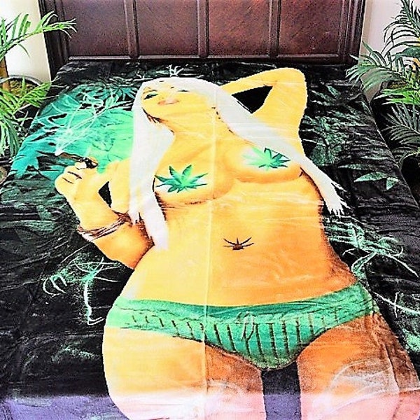 Buy 3 get 4th Free 5 POUNDS Super Soft Korean Style Mink Medium Weight Queen  Blanket  Throw Green Marijauna Leaf Cannsbis Pot 420 Weed Girl