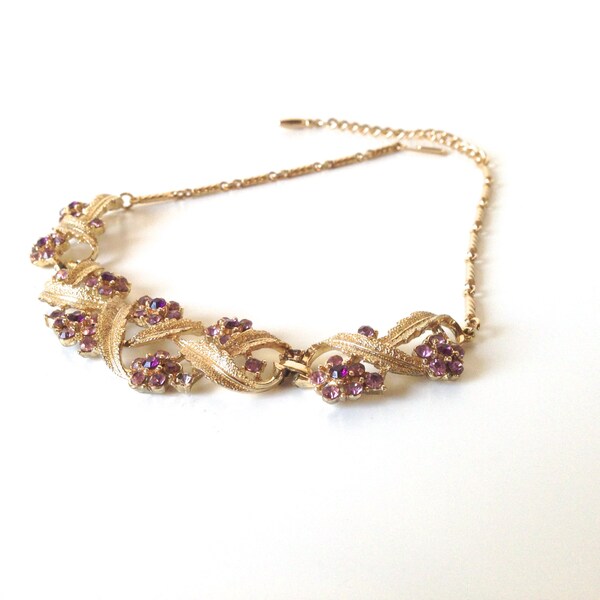 Vintage Coro Choker Necklace - Gold Ornate Leaves With Purple And Light Amethyst Rhinestones - Bridal Jewelry