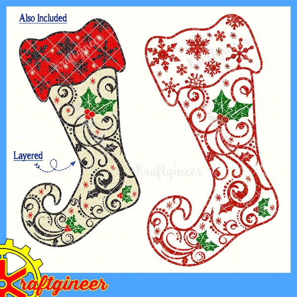 Swirly Stocking Snowflake and Holly Christmas svg cut file for Cricut Silhouette Scan N Cut Commercial Use