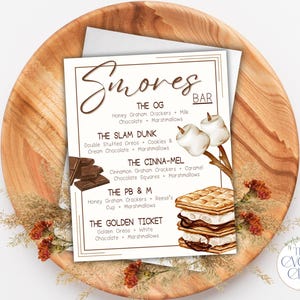 S&#39;mores Bar Menu Sign Printable & Canva Template | Rustic Wedding dessert Table Sign | Editable S&#39;mores Station Menu | Instant Download