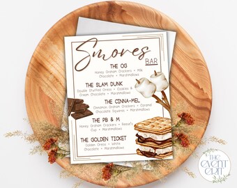 Modèle Canva et enseigne de menu du bar S'mores imprimable | Enseigne de table à dessert de mariage rustique | Menu modifiable de la station S'mores | Téléchargement instantané