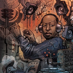 May include: Illustration of a man wearing headphones, operating a turntable and keyboard. The artwork features a surreal, urban landscape with floating speakers, a monster, and the artist's signature.