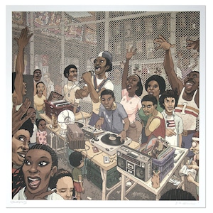 May include: A colorful illustration of a group of people gathered around a DJ set up in a fenced-in area. The DJ is wearing a blue and white shirt and a hat, and is holding a microphone. The people are dancing and singing along to the music. There are records, a boombox, and other equipment on the table. The illustration is done in a cartoon style and has a vibrant color palette.