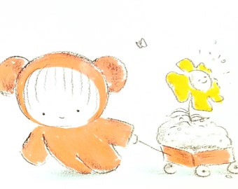 happy child pulling wagon and flower; children's small wall art and nursery decor; with spring planting,butterfly, daisy