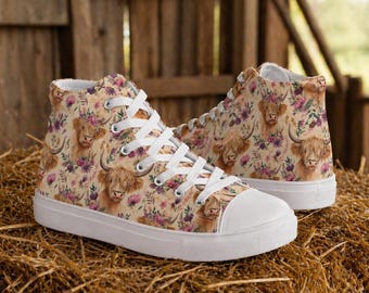 Farmhouse Highland Cow Sneakers | Floral Western High Top Shoes | Boho Country Chic Canvas Shoes | Cute Cow Print Casual Sneakers