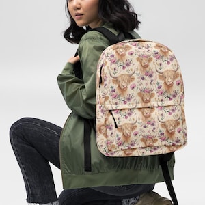 Highland Cow Floral Backpack – Cute Farm Animal School Bag, Cow Print Backpack with Flowers, Rustic Boho Gift