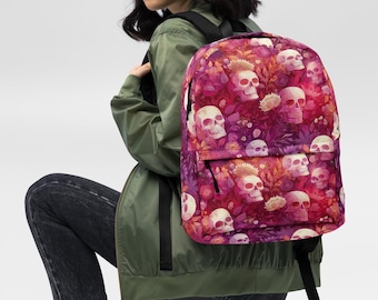 Sac à dos tête de mort | Sac d'école à motif tête de mort florale | Sac à dos gothique pour femme | Sac à dos rose d'Halloween | Cadeau effrayant pour elle