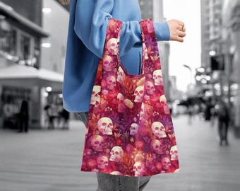 Floral Skull Tote Bag: Gothic Botanical Art Reusable Shopping Bag