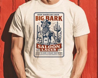 Camiseta divertida de perro vaquero: cerveza Big Bark Saloon, camiseta con gráfico del oeste