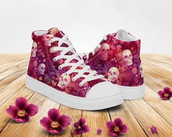 Floral Skull Canvas High Top Sneakers, Gothic Shoes