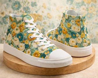Cottagecore Floral Sneakers, Vintage Wildflower High Tops, Green & Mustard Flower Canvas Shoes