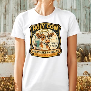 Holy Cow Milkshake T-Shirt – Retro Diner Cow Shirt , Cute Funny Milkshake Tee, Vintage Malt Shop Graphic Tee, 50s Style Ice Cream Shirt