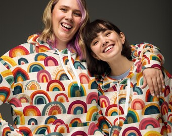Sudadera con capucha arcoíris bohemia, sudadera con arco colorido dibujado a mano, sudadera con estampado pastel retro, ropa de estar acogedora estilo cottagecore