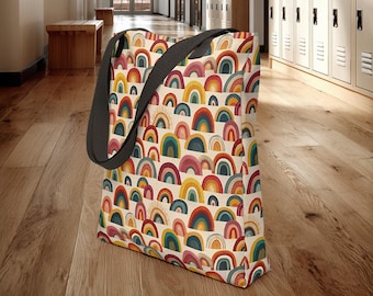 Retro Rainbow Canvas Tote Bag: Groovy Boho Reusable Shopping Bag