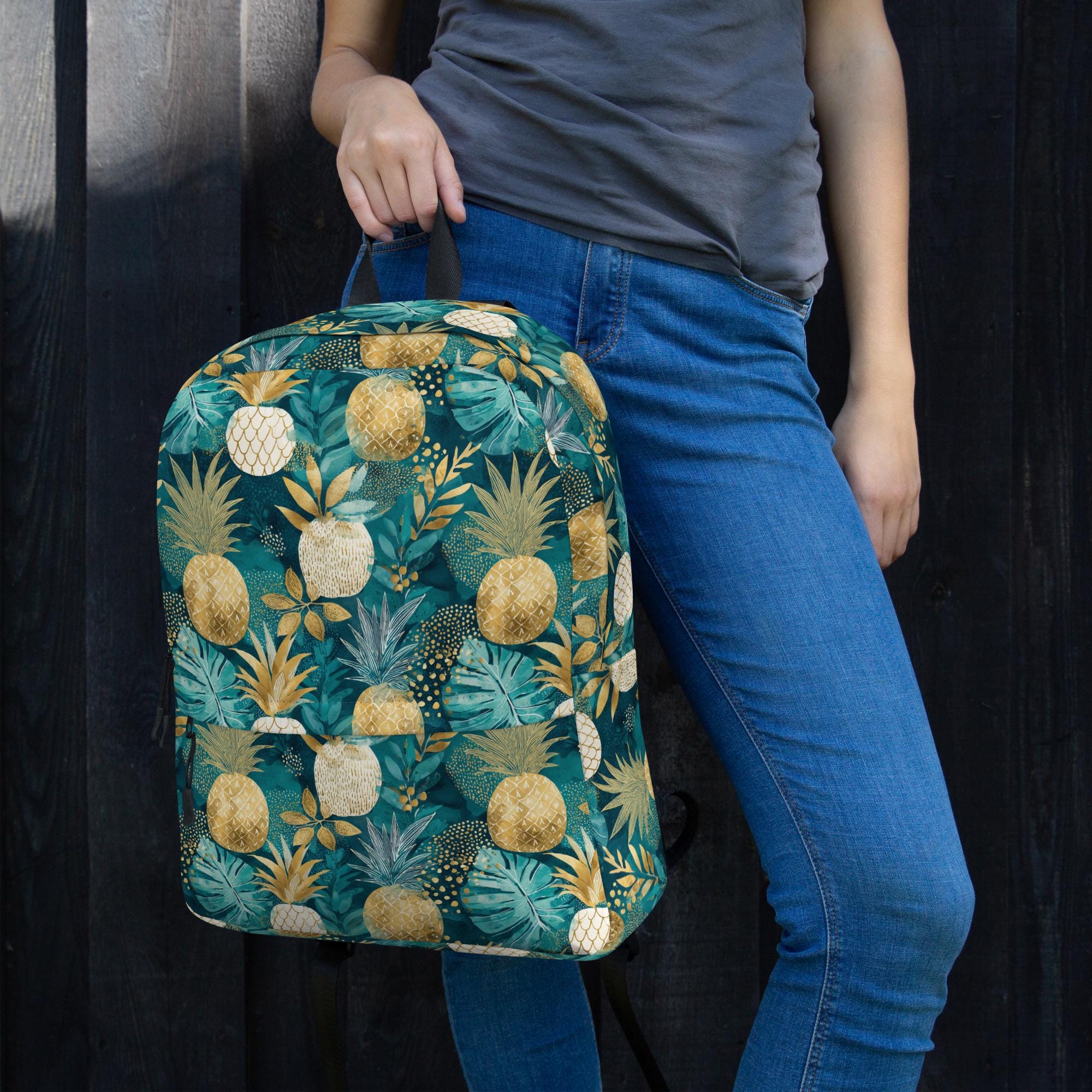 Tropical Pineapple Backpack – Teal & Gold Fruit Print, Water  display picture 1