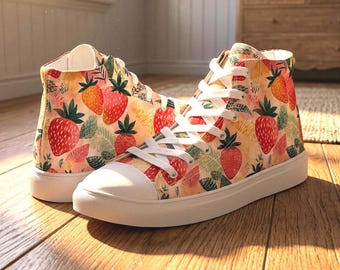 Zapatillas altas de lona con estampado de fresas en acuarela – Zapatillas con estampado de frutas