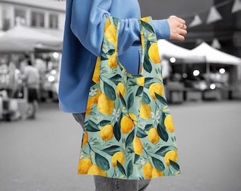 Watercolor Lemon Print Tote Bag: Reusable Farmers Market Bag
