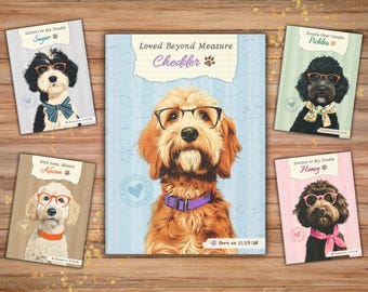 May include: A collection of illustrated dog portraits wearing glasses and bow ties, featured on book covers. The central image is a golden doodle with glasses and a purple collar. Other books feature different dogs.