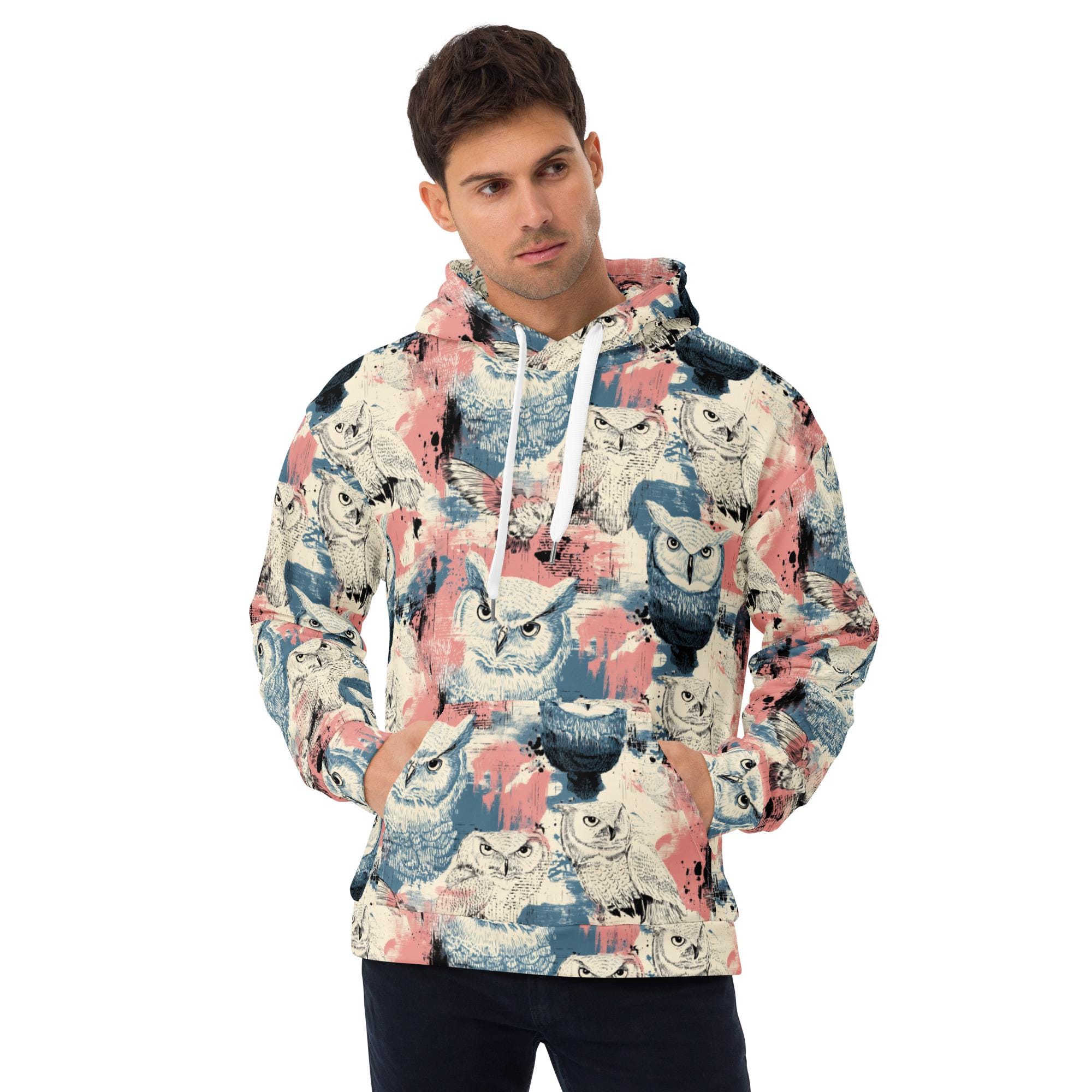 Grunge Owl Print Hoodie: Artistic Sketch, Pink & Blue Texture