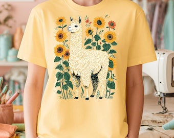 Lama Solros T-shirt – Nyckfull Lama Grafisk T-shirt – Cottagecore Djur T-shirt