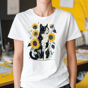Sunflower Tuxedo Cat T-Shirt: Retro Floral Cottagecore Tee