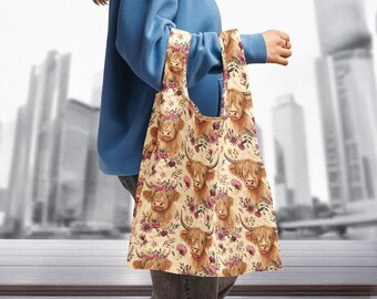 Bolsa reutilizable de vaca de las Tierras Altas: bolsa floral de vaca escocesa, adorable bolsa de compras de animales de granja, bolsa ecológica para la compra, regalo para amantes de las vacas.