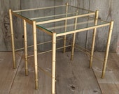 Vintage Gold Nesting Tables Glass Top Faux Bamboo Hollywood Regency Tables Refinished Set of 2 Montana Cans Matte Gold