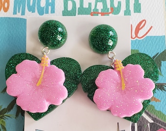 Monstera Hearts with Hibiscus earrings