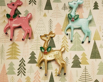 Holiday Vintage deer brooch with holly