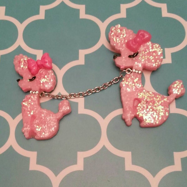 Pink Poodles on a leash brooch set