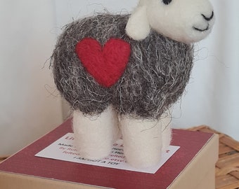 Herdwick sheep felt with red heart. Herdwick sheep in the UK Herdwick wool Sheep gifts. Love. Valentines. Wedding Anniversary birthday gift
