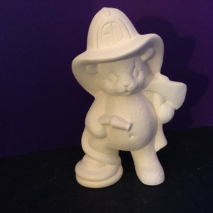 Unpainted Ceramic Bisque Bear Fireman Bear with Water Hose and Axe Handmade Ready To Paint Bear Cake Topper Clay Magic 1552