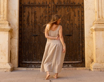 Pure beige linen long dress, Maxi Boho dress, Summer wedding linen dress, Earthy Bohemian clothing, Bridesmaid linen dress, Loose fit dress