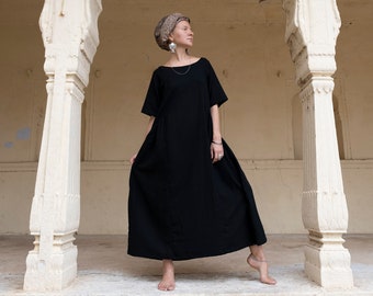 Black Raw Ahimsa Silk loose dress, Natural comfortable clothing, Long boho summer dress, Hand loomed silk, Nursing gown, Maternity dress