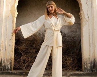 Khadi raw silk pajama set, Bohemian pajama, Natural soft pajama set, Silk sleepwear for women, Bridal silk pajama, Boho Bridesmaid pajama
