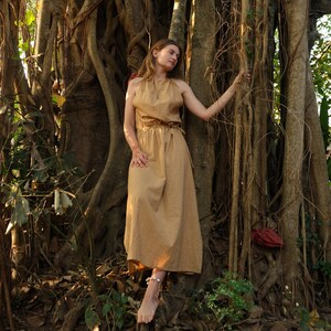 Boho rustic golden cotton dress, Organic cotton, Long bohemian dress, Bridesmaid dress, Natural vegan dress, Drawstring waist dress