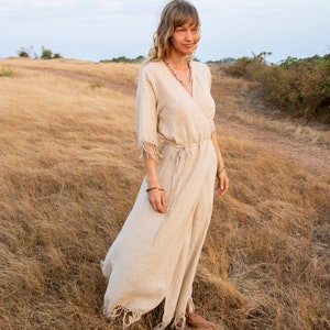 Raw silk wrap dress with fringe, Boho Ahimsa silk dress, Ceremonial dress, Bohemian natural clothing, Raw silk robe, Bridesmaid dress