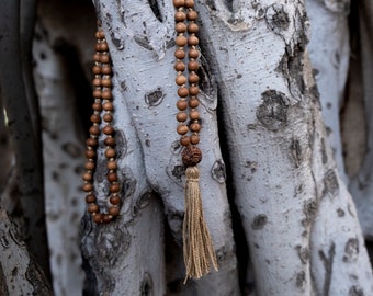 Sandalwood Mala necklace 108 beads, wooden necklace mala, prayer bead necklace, tassel necklace beaded, knotted mala beads, Yoga jewelry