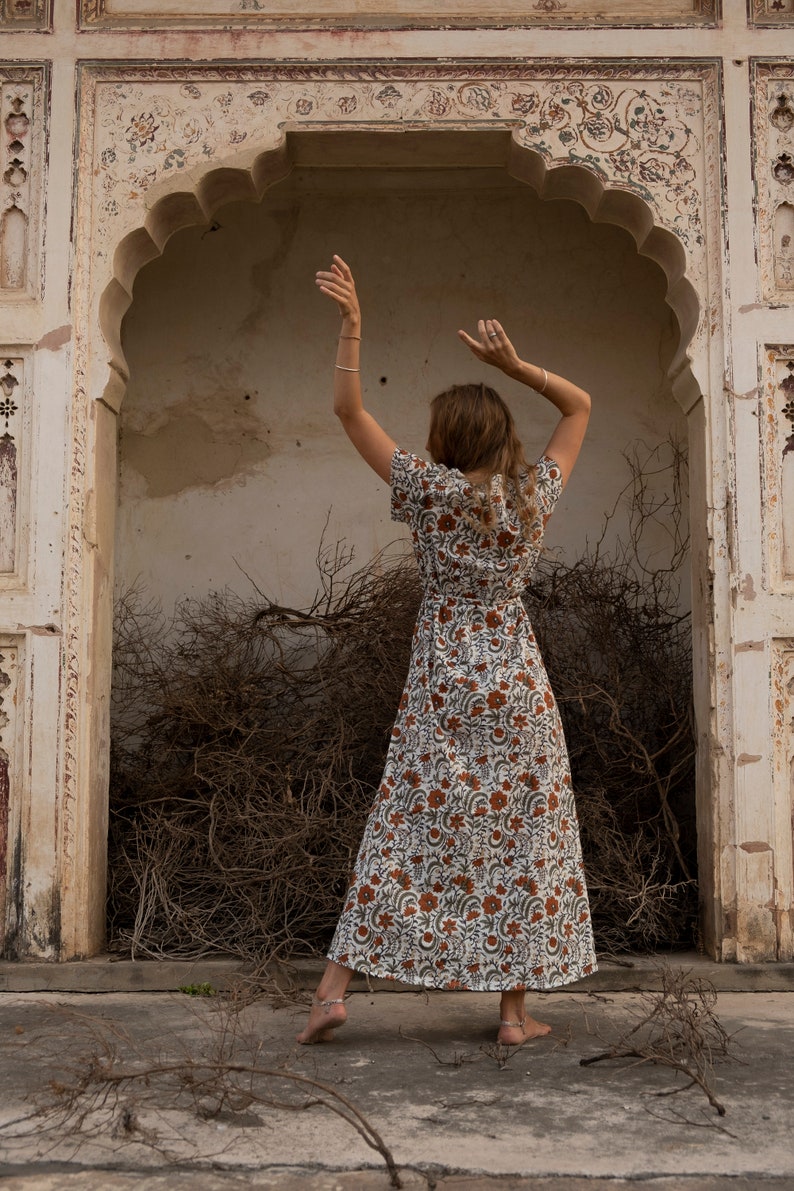 Boho cotton wrap dress, Block print dress, Bohemian natural clothing, Pure cotton robe, Summer luxury dress image 3