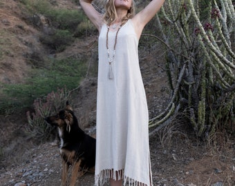 Robe à franges en soie beige Ahimsa, robe bohème de mariage, robe d'été bio, robe bohème en soie, robe en soie végétalienne naturelle, soie non violente