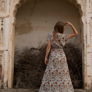 Boho cotton wrap dress, Block print dress, Bohemian natural clothing, Pure cotton robe, Summer luxury dress image 7