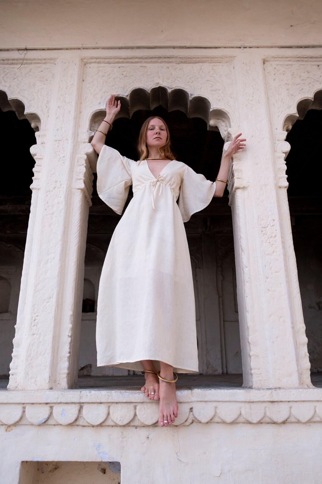 Robe à cordon de serrage en soie khadi brute, robe bohème