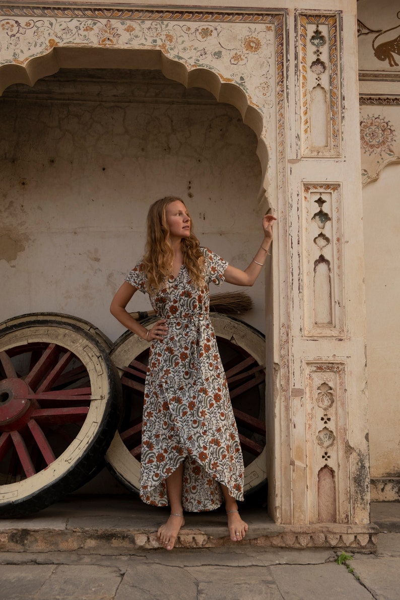 Boho cotton wrap dress, Block print dress, Bohemian natural clothing, Pure cotton robe, Summer luxury dress image 1