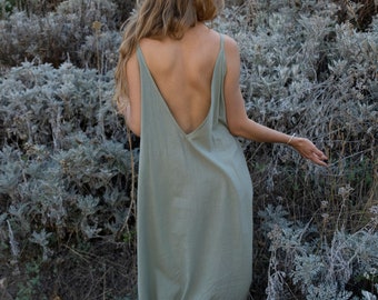 Sage cotton slip dress, Natural cotton dress, Simple cotton dress, Bohemian slip dress, Boho summer dress, Deep open back dress