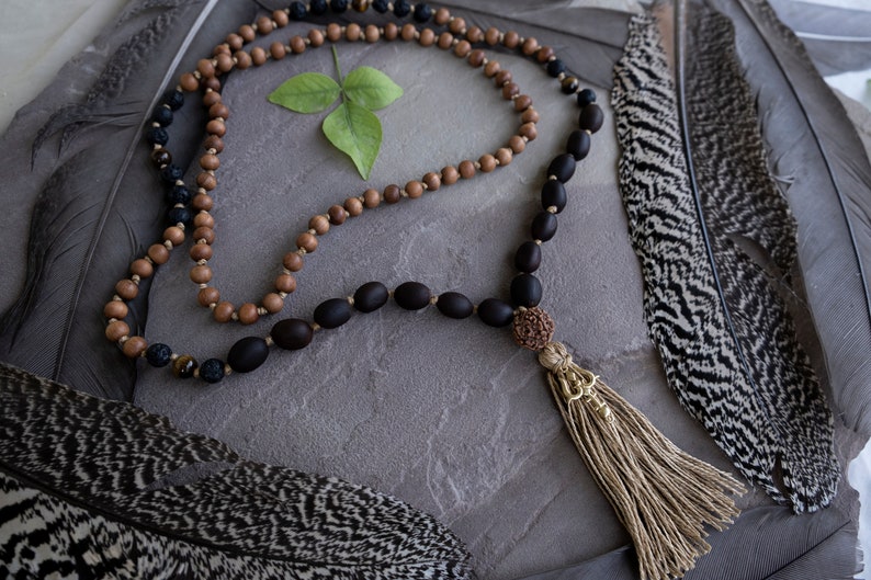 Gemstone necklace mala Sandalwood Mala necklace 108 beads tassel necklace beaded knotted mala beads Yoga jewelry prayer bead necklace