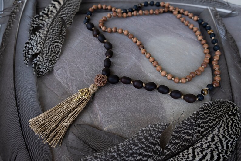 Gemstone necklace mala Sandalwood Mala necklace 108 beads tassel necklace beaded knotted mala beads Yoga jewelry prayer bead necklace