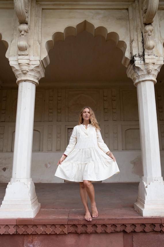 peace silk dress Raw Peace Silk Dress: Natural Khadi Boho Midi Dress